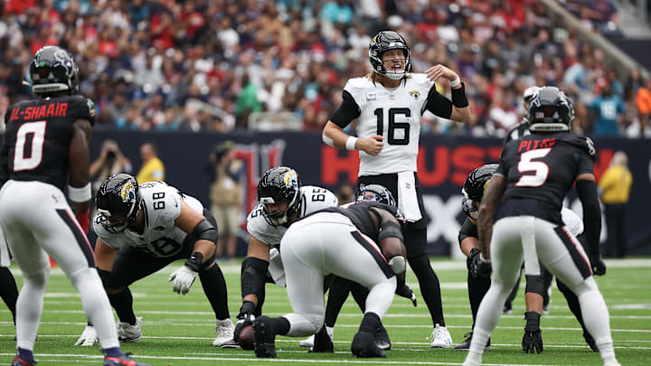 Sep 29, 2024; Houston, Texas, USA;  Jacksonville Jaguars quarterback Trevor Lawrence (16) calls an audible against the Houston Texans in the second half at NRG Stadium. Mandatory Credit: Thomas Shea-Imagn Images