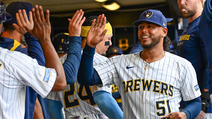 Jul 13, 2025; Milwaukee, Wisconsin, USA; Milwaukee Brewers starting pitcher Freddy Peralta (51) is greeted in the dugout after pitching six plus innings against the Washington Nationals at American Family Field. Mandatory Credit: Benny Sieu-Imagn Images Jul 13, 2025; Milwaukee, Wisconsin, USA; Milwaukee Brewers starting pitcher Freddy Peralta (51) is greeted in the dugout after pitching six plus innings against the Washington Nationals at American Family Field. Mandatory Credit: Benny Sieu-Imagn Images