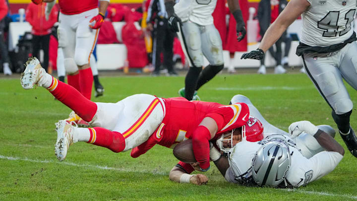 Mahomes gets sacked by Adam Butler in the Chiefs' win over the Raiders.