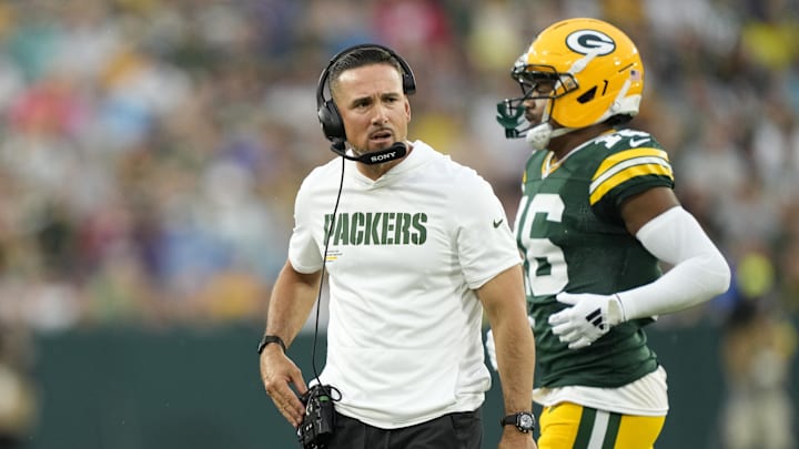 Aug 9, 2025; Green Bay, Wisconsin, USA;  Green Bay Packers head coach Matt LaFleur looks to the sideline as Green Bay Packers cornerback Bo Melton (16) runs off the field during the first quarter against the New York Jets at Lambeau Field. Mandatory Credit: Kayla Wolf-Imagn Images