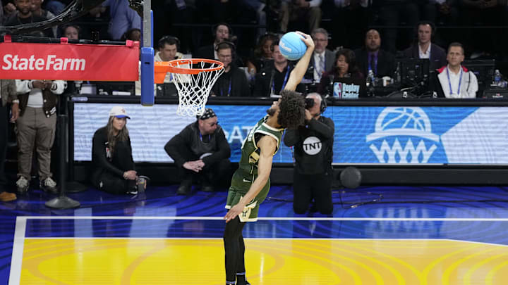 Feb 15, 2025; San Francisco, CA, USA; Milwaukee Bucks guard Andre Jackson Jr. (44) competes in the slam dunk competition during All Star Saturday Night ahead of the 2025 NBA All Star Game at Chase Center. Mandatory Credit: Kyle Terada-Imagn Images