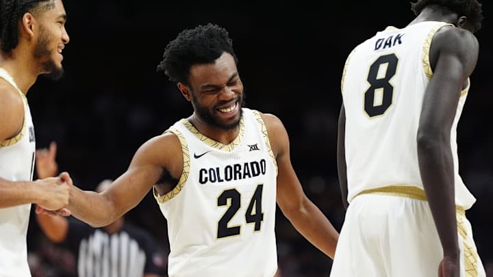 Feb 21, 2026; Boulder, Colorado, USA; Colorado Buffaloes guard Barrington Hargress (24) reacts in the second half against the Oklahoma State Cowboys at the CU Events Center. Mandatory Credit: Ron Chenoy-Imagn Images