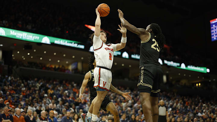 Mar 3, 2026; Charlottesville, Virginia, USA; Virginia Cavaliers guard Chance Mallory (2) shoots the ball over Wake Forest Demon Deacons forward Tre'von Spillers (25) in the second half at John Paul Jones Arena. Mandatory Credit: Geoff Burke-Imagn Images