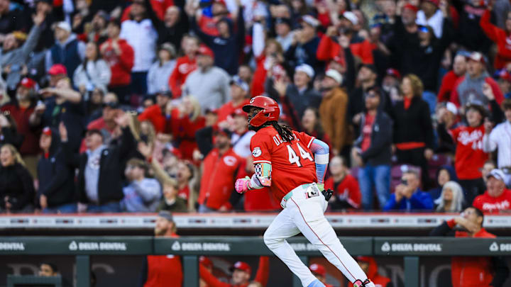 Apr 12, 2025; Cincinnati, Ohio, USA; Cincinnati Reds shortstop Elly De La Cruz (44) runs the bases after hitting a grand slam in the third inning against the Pittsburgh Pirates at Great American Ball Park. Mandatory Credit: Katie Stratman-Imagn Images Apr 12, 2025; Cincinnati, Ohio, USA; Cincinnati Reds shortstop Elly De La Cruz (44) runs the bases after hitting a grand slam in the third inning against the Pittsburgh Pirates at Great American Ball Park. Mandatory Credit: Katie Stratman-Imagn Images
