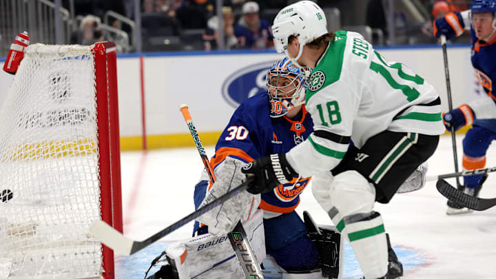 Feb 23, 2025; Elmont, New York, USA; Dallas Stars center Sam Steel (18) scores a goal against New York Islanders goaltender Ilya Sorokin (30) during the first period at UBS Arena. Mandatory Credit: Brad Penner-Imagn Images