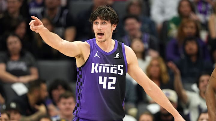 Apr 3, 2026; Sacramento, California, USA; Sacramento Kings center Maxime Raynaud (42) gestures after scoring against the New Orleans Pelicans during the second quarter at Golden 1 Center. Mandatory Credit: Darren Yamashita-Imagn Images