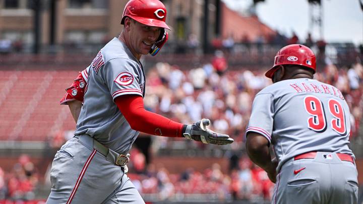 Jun 7, 2026; St. Louis, Missouri, USA; Cincinnati Reds catcher Tyler Stephenson (37) celebrates with third base coach Willie Harris (99) after hitting a solo home run against the St. Louis Cardinals during the third inning at Busch Stadium. Mandatory Credit: Jeff Curry-Imagn Images Jun 7, 2026; St. Louis, Missouri, USA; Cincinnati Reds catcher Tyler Stephenson (37) celebrates with third base coach Willie Harris (99) after hitting a solo home run against the St. Louis Cardinals during the third inning at Busch Stadium. Mandatory Credit: Jeff Curry-Imagn Images