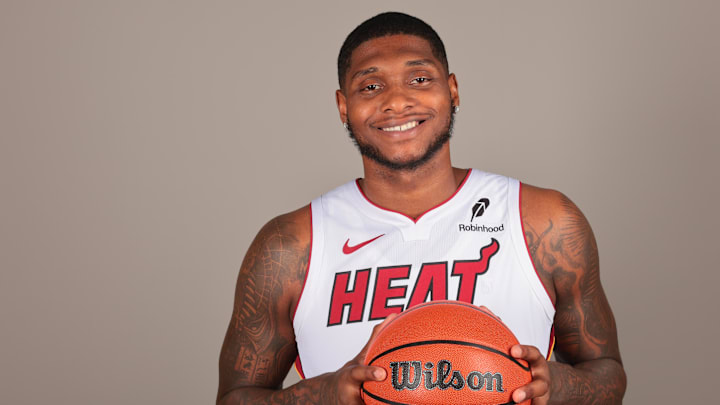 Sep 29, 2025; Miami, FL, USA; Miami Heat forward Dain Dainja (42) poses for a photo during media day at Kaseya Center.