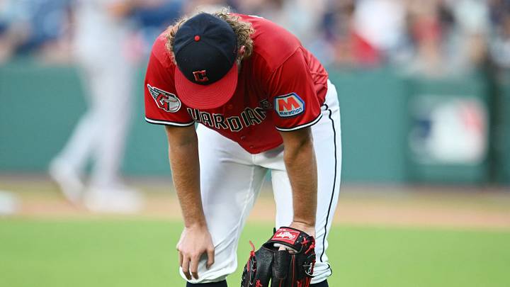 Jun 30, 2026; Cleveland, Ohio, USA; Cleveland Guardians pitcher Tanner Bibee (28) reacts after a run scored on an error by left fielder Cooper Ingle (not pictured) during the seventh inning against the Texas Rangers at Progressive Field. Mandatory Credit: Ken Blaze-Imagn Images Jun 30, 2026; Cleveland, Ohio, USA; Cleveland Guardians pitcher Tanner Bibee (28) reacts after a run scored on an error by left fielder Cooper Ingle (not pictured) during the seventh inning against the Texas Rangers at Progressive Field. Mandatory Credit: Ken Blaze-Imagn Images