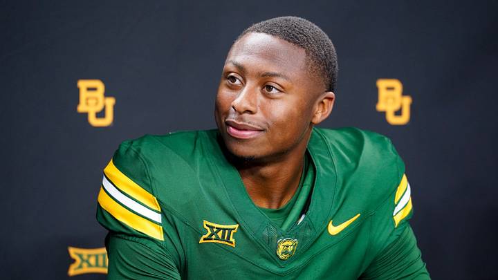 Jul 7, 2026; Frisco, TX, USA;  Baylor quarterback DJ Lagway takes questions from reporters during Big 12 Conference Football Media Days at The Star. Mandatory Credit: Raymond Carlin III-Imagn Images