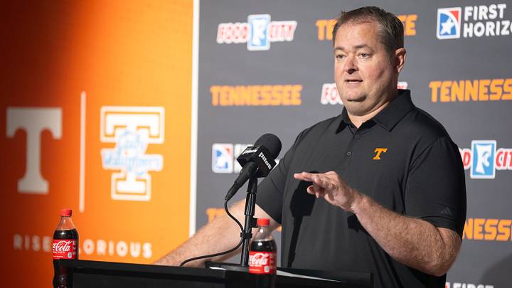 Tennessee coach Josh Heupel speaks to the media during Tennessee football’s media day on Aug. 4, 2026.