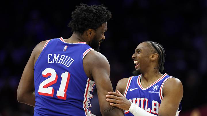 Jan 27, 2026; Philadelphia, Pennsylvania, USA; Philadelphia 76ers center Joel Embiid (21) celebrates with guard Tyrese Maxey (0) after their alley oop dunk connection against the Milwaukee Bucks during the second quarter at Xfinity Mobile Arena. Mandatory Credit: Bill Streicher-Imagn Images Jan 27, 2026; Philadelphia, Pennsylvania, USA; Philadelphia 76ers center Joel Embiid (21) celebrates with guard Tyrese Maxey (0) after their alley oop dunk connection against the Milwaukee Bucks during the second quarter at Xfinity Mobile Arena. Mandatory Credit: Bill Streicher-Imagn Images
