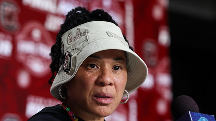 Apr 5, 2025; Tampa, FL, USA; South Carolina Gamecocks head coach Dawn Staley talks to media before practice at Amalie Arena. Mandatory Credit: Nathan Ray Seebeck-Imagn Images