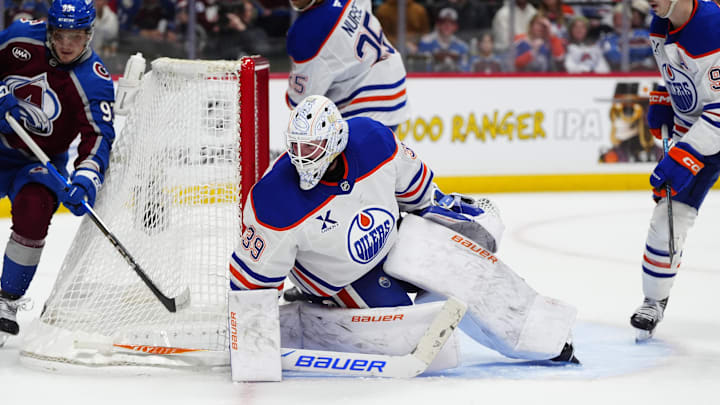 Mar 10, 2026; Denver, Colorado, USA; Edmonton Oilers goaltender Connor Ingram (39) defends the net in the second period against the Colorado Avalanche at Ball Arena. Mandatory Credit: Ron Chenoy-Imagn Images