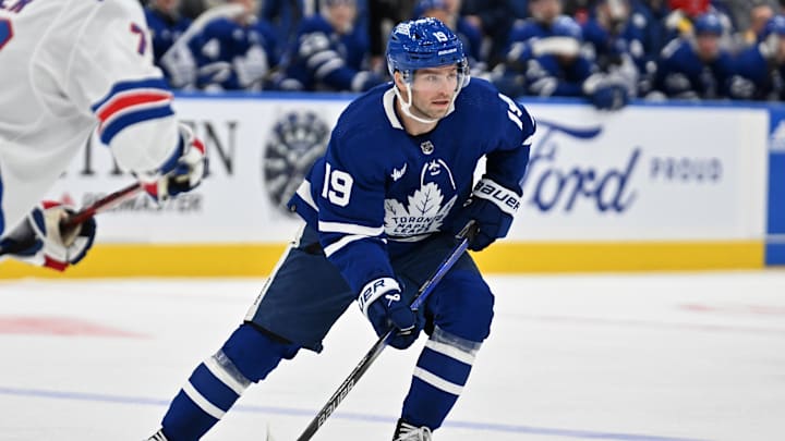 Mar 2, 2024; Toronto, Ontario, CAN;  Toronto Maple Leafs forward Calle Jarnkrok (19) pursues the play against the New York Rangers in the first period at Scotiabank Arena. Mandatory Credit: Dan Hamilton-Imagn Images