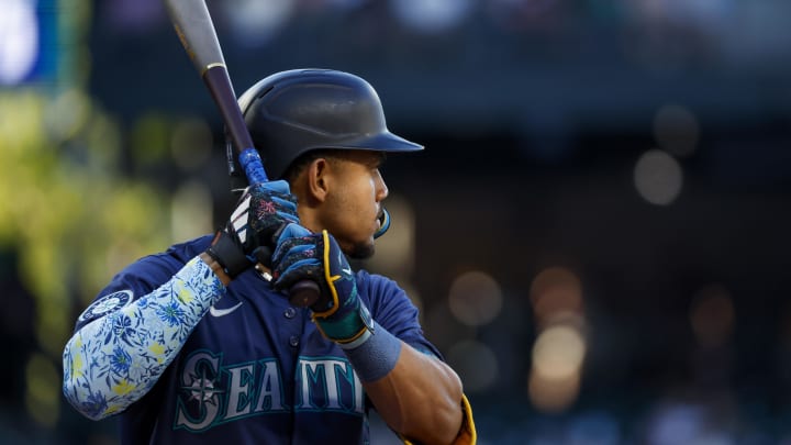 Jul 3, 2024; Seattle, Washington, USA; Seattle Mariners center fielder Julio Rodriguez (44) stands in the batters box during a second inning at bat against the Baltimore Orioles at T-Mobile Park. Mandatory Credit: Joe Nicholson-USA TODAY Sports Jul 3, 2024; Seattle, Washington, USA; Seattle Mariners center fielder Julio Rodriguez (44) stands in the batters box during a second inning at bat against the Baltimore Orioles at T-Mobile Park. Mandatory Credit: Joe Nicholson-USA TODAY Sports