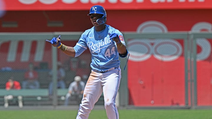 May 18, 2025; Kansas City, Missouri, USA;  Kansas City Royals center fielder Dairon Blanco (44) reacts after hitting an RBI double in the fourth inning against the St. Louis Cardinals at Kauffman Stadium. Mandatory Credit: Peter Aiken-Imagn Images