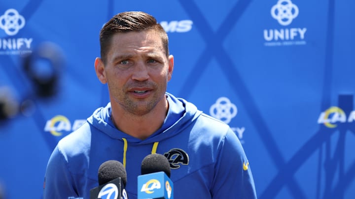 Jul 31, 2024; Los Angeles, CA, USA;  Los Angeles Rams defensive coordinator Chris Shula speaks to the media after training camp at Loyola Marymount University. Mandatory Credit: Kiyoshi Mio-Imagn Images