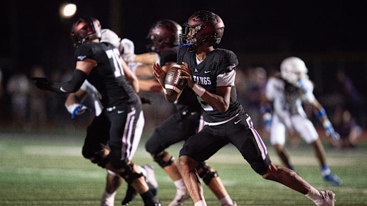 Lipscomb's Deuce Knight (2) finds time to pass against IMG at Lipscomb's Reese Smith Football Field in Nashville, Tenn., Friday night, Aug. 18, 2023. IMG went on to win the game 35-10.