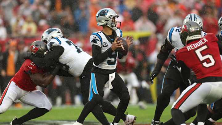 Jan 3, 2026; Tampa, Florida, USA; Carolina Panthers quarterback Bryce Young (9) looks to pass against the Tampa Bay Buccaneers in the first half at Raymond James Stadium. Mandatory Credit: Nathan Ray Seebeck-Imagn Images