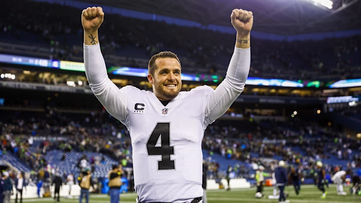 Nov 27, 2022; Seattle, Washington, USA; Las Vegas Raiders quarterback Derek Carr (4) celebrates following a 40-34 overtime victory against the Seattle Seahawks at Lumen Field. Mandatory Credit: Joe Nicholson-Imagn Images Nov 27, 2022; Seattle, Washington, USA; Las Vegas Raiders quarterback Derek Carr (4) celebrates following a 40-34 overtime victory against the Seattle Seahawks at Lumen Field. Mandatory Credit: Joe Nicholson-Imagn Images