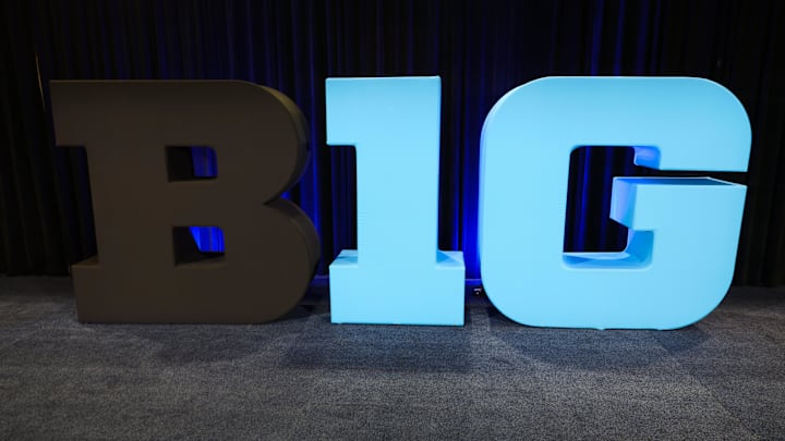 Oct 8, 2025; Rosemont, Illinois, USA; The Big Ten Conference logo is seen during Big Ten Basketball Media Days at the Donald E. Stephens Convention Center. Mandatory Credit: Talia Sprague-Imagn Images