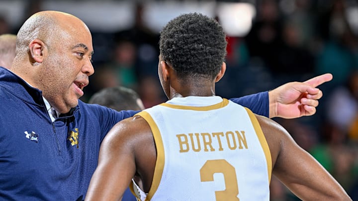 Feb 14, 2024; South Bend, Indiana, USA; Notre Dame Fighting Irish head coach Micah Shrewsberry talks