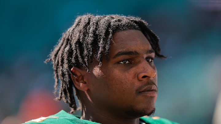 Miami Hurricanes quarterback Cam Ward (1) looks on form the field before the game against the Wake Forest Demon Deacons at Hard Rock Stadium. Mandatory Credit: Sam Navarro-Imagn Images