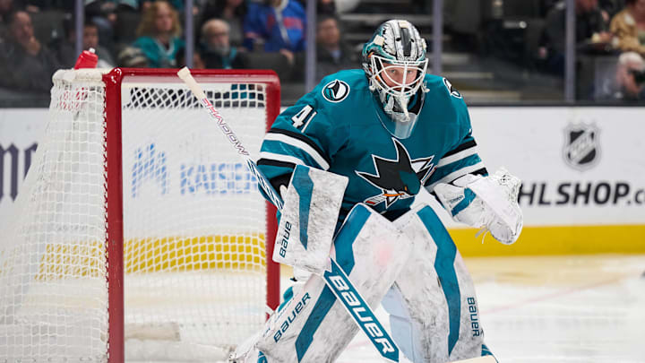 Feb 8, 2025; San Jose, California, USA; San Jose Sharks goaltender Vitek Vanecek (41) plays his position against the Dallas Stars during the third period at SAP Center at San Jose. Mandatory Credit: Robert Edwards-Imagn Images