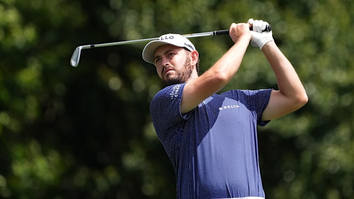 Apr 11, 2024; Augusta, Georgia, USA; Patrick Cantlay plays his shot from the fourth tee during the