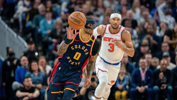 Mar 15, 2025; San Francisco, California, USA; Golden State Warriors guard Gary Payton II (0) starts a fast break against New York Knicks guard Josh Hart (3) during the fourth quarter at Chase Center. Mandatory Credit: Neville E. Guard-Imagn Images
