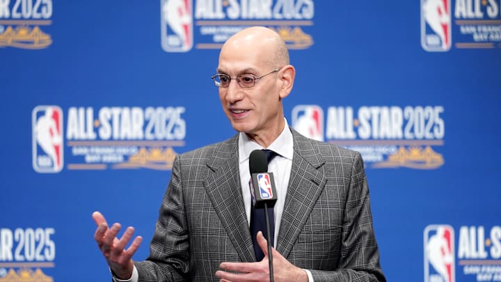 Feb 15, 2025; San Francisco, CA, USA; NBA commissioner Adam Silver speaks in a press conference during All Star Saturday Night ahead of the 2025 NBA All Star Game at Chase Center. Mandatory Credit: Cary Edmondson-Imagn Images