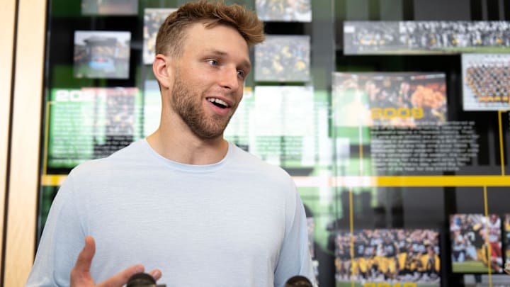 Iowa quarterback Mark Gronowski talks to media members about his pro day experience ahead of the 2026 NFL Draft March 24, 2026 in Iowa City, Iowa.