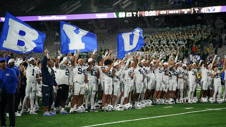 Sep 19, 2026; Fort Collins, Colorado, USA; BYU Cougars team celebrates after their win against the Colorado State Rams at Sonny Lubick Field at Canvas Stadium. Mandatory Credit: Andrew Rydland-Imagn Images Sep 19, 2026; Fort Collins, Colorado, USA; BYU Cougars team celebrates after their win against the Colorado State Rams at Sonny Lubick Field at Canvas Stadium. Mandatory Credit: Andrew Rydland-Imagn Images