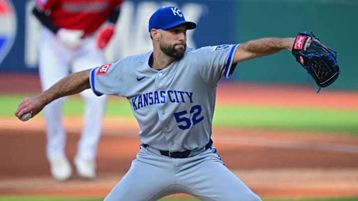 Apr 6, 2026; Cleveland, Ohio, USA; Kansas City Royals starting pitcher Michael Wacha (52) delivers during the first inning against the Cleveland Guardians at Progressive Field. Mandatory Credit: David Dermer-Imagn Images Apr 6, 2026; Cleveland, Ohio, USA; Kansas City Royals starting pitcher Michael Wacha (52) delivers during the first inning against the Cleveland Guardians at Progressive Field. Mandatory Credit: David Dermer-Imagn Images