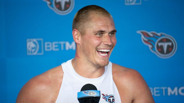 Tennessee Titans linebacker Cody Barton fields questions from the media during training camp. Tennessee Titans linebacker Cody Barton fields questions from the media during training camp.