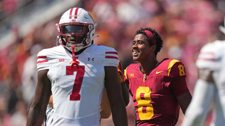 Sep 28, 2024; Los Angeles, California, USA; Southern California Trojans wide receiver Ja'Kobi Lane (8) reacts after a reception against the Wisconsin Badgers in the first half at United Airlines Field at Los Angeles Memorial Coliseum. 