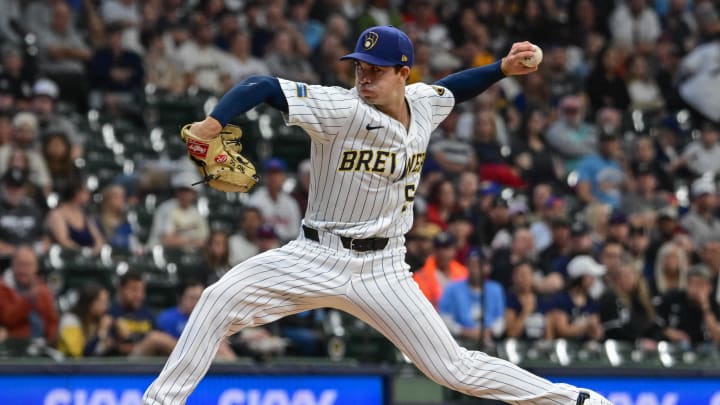 Milwaukee Brewers starting pitcher Robert Gasser (54) throws against the Chicago White Sox in the first inning at American Family Field. Milwaukee Brewers starting pitcher Robert Gasser (54) throws against the Chicago White Sox in the first inning at American Family Field.