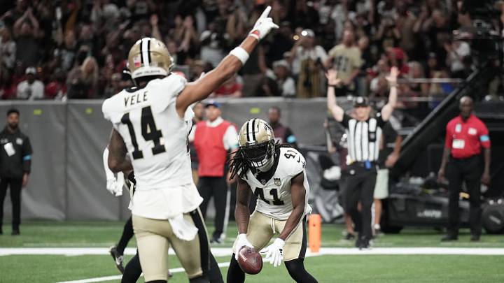 Oct 5, 2026; New Orleans, Louisiana, USA; New Orleans Saints running back Alvin Kamara (41) celebrates after scoring a touchdown against the Atlanta Falcons during the first half at Caesars Superdome. Mandatory Credit: Matthew Hinton-Imagn Images Oct 5, 2026; New Orleans, Louisiana, USA; New Orleans Saints running back Alvin Kamara (41) celebrates after scoring a touchdown against the Atlanta Falcons during the first half at Caesars Superdome. Mandatory Credit: Matthew Hinton-Imagn Images