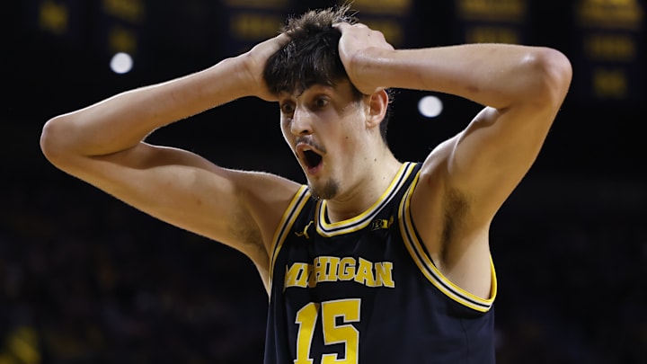 Michigan Wolverines center Aday Mara (15) reacts in the second half against the Nebraska Cornhuskers at Crisler Center on January 27, 2026.