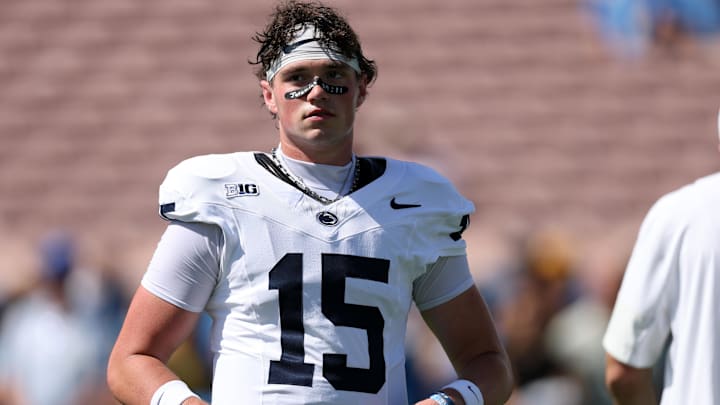 Oct 4, 2025; Pasadena, California, USA;  Penn State Nittany Lions quarterback Drew Allar (15) warms up before the game against the UCLA Bruins at Rose Bowl. Mandatory Credit: Kiyoshi Mio-Imagn Images