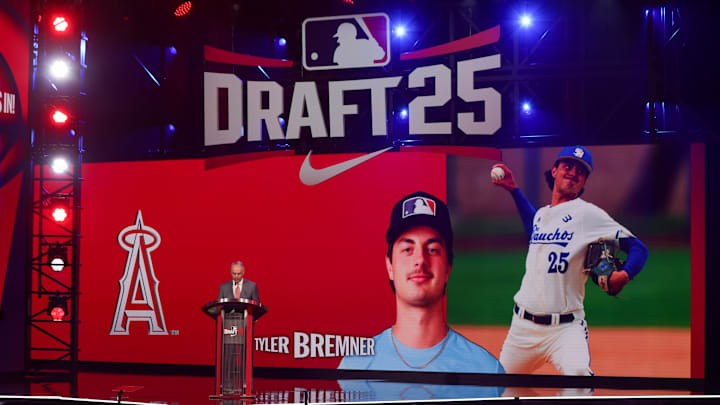 Jul 13, 2025; Atlanta, GA, USA; Tyler Bremner is drafted by the Los Angeles Angels with the second pick during the first round of the MLB Draft at The Coca-Cola Roxy. Mandatory Credit: Brett Davis-Imagn Images