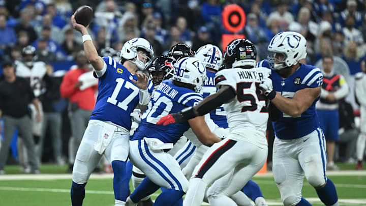 Indianapolis Colts quarterback Daniel Jones (17) throws during the first half against the Houston Texans at Lucas Oil Stadium.
