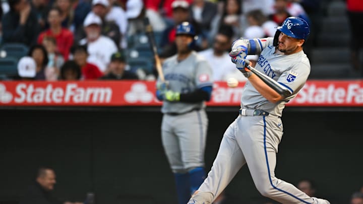 May 11, 2024; Anaheim, California, USA; Kansas City Royals first baseman Vinnie Pasquantino (9) hits