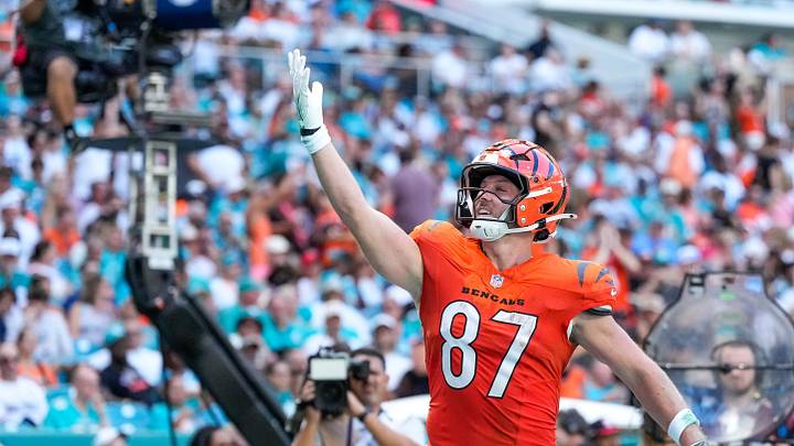 Cincinnati Bengals tight end Tanner Hudson (87) celebrates a touchdown catch in the second quarter of the NFL Week 5 game between the Miami Dolphins and the Cincinnati Bengals at Hard Rock Stadium in Miami Gardens, Florida, on Sunday, Oct. 11, 2026. Cincinnati Bengals tight end Tanner Hudson (87) celebrates a touchdown catch in the second quarter of the NFL Week 5 game between the Miami Dolphins and the Cincinnati Bengals at Hard Rock Stadium in Miami Gardens, Florida, on Sunday, Oct. 11, 2026.