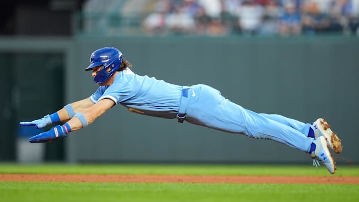 Sep 30, 2023; Kansas City, Missouri, USA; Kansas City Royals shortstop Bobby Witt Jr. (7) slides