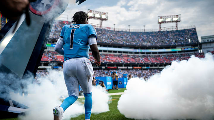 Tennessee Titans quarterback Cam Ward (1) takes the field before the game against the Los Angeles Rams at Nissan Stadium in Nashville, Tenn., Sunday, Sept. 14, 2025.