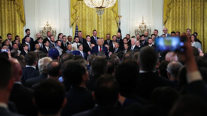 [US, Mexico & Canada customers only] April 7, 2025; Washington, D.C., USA; President Donald Trump speaks during a ceremony honoring the members of the 2024 World Series Champion Los Angeles Dodgers in the East Room at the White House. Mandatory Credit: Leah Millis/Reuters via Imagn Images