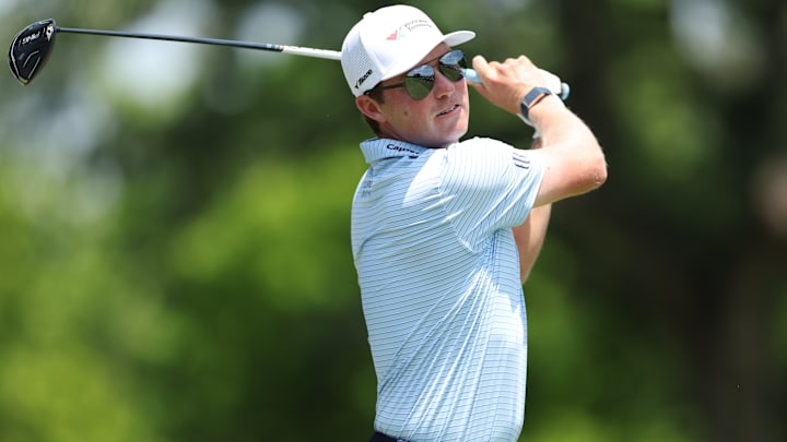 Ben Griffin tees off during the final round of the 2025 Charles Schwab Challenge at Colonial Country Club