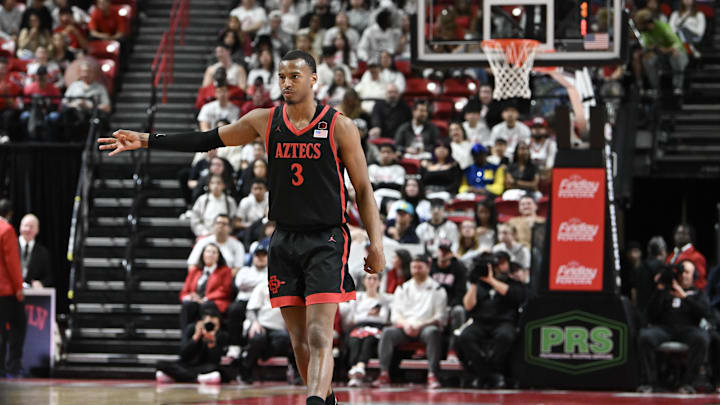 Mar 5, 2024; Las Vegas, Nevada, USA; San Diego State Aztecs guard Micah Parrish (3) celebrates